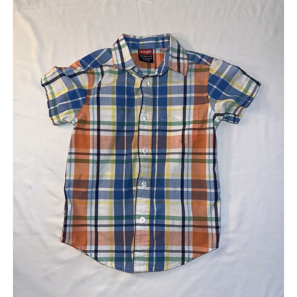 Wrangler Boys Short Sleeve Plaid Button Up Shirt, Orange,Size XS(4-5) RN19747